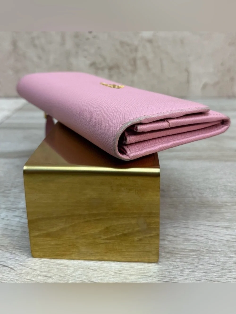 Prada Pink Saffiano Continental Wallet with Gold Logo